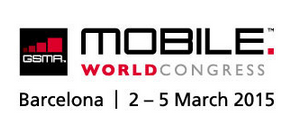 Logo for the GSMA Mobile World Congress. The event is held in Barcelona from 2 to 5 March 2015. The logo includes a red and black bar graph with "GSMA" text, and "MOBILE WORLD CONGRESS" in bold black and red letters.