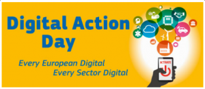 A yellow banner with “Digital Action Day” in large blue text. Below, “Every European Digital Every Sector Digital.” At right, a hand points a phone labeled “ACTIVATE”; digital icons like email, cloud, and gears emerge as colorful bubbles.