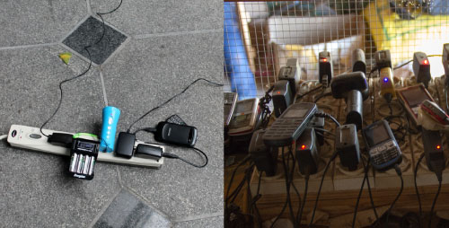 Mobile phone charging in New York City after Sandy (left) and in Ghana (right).