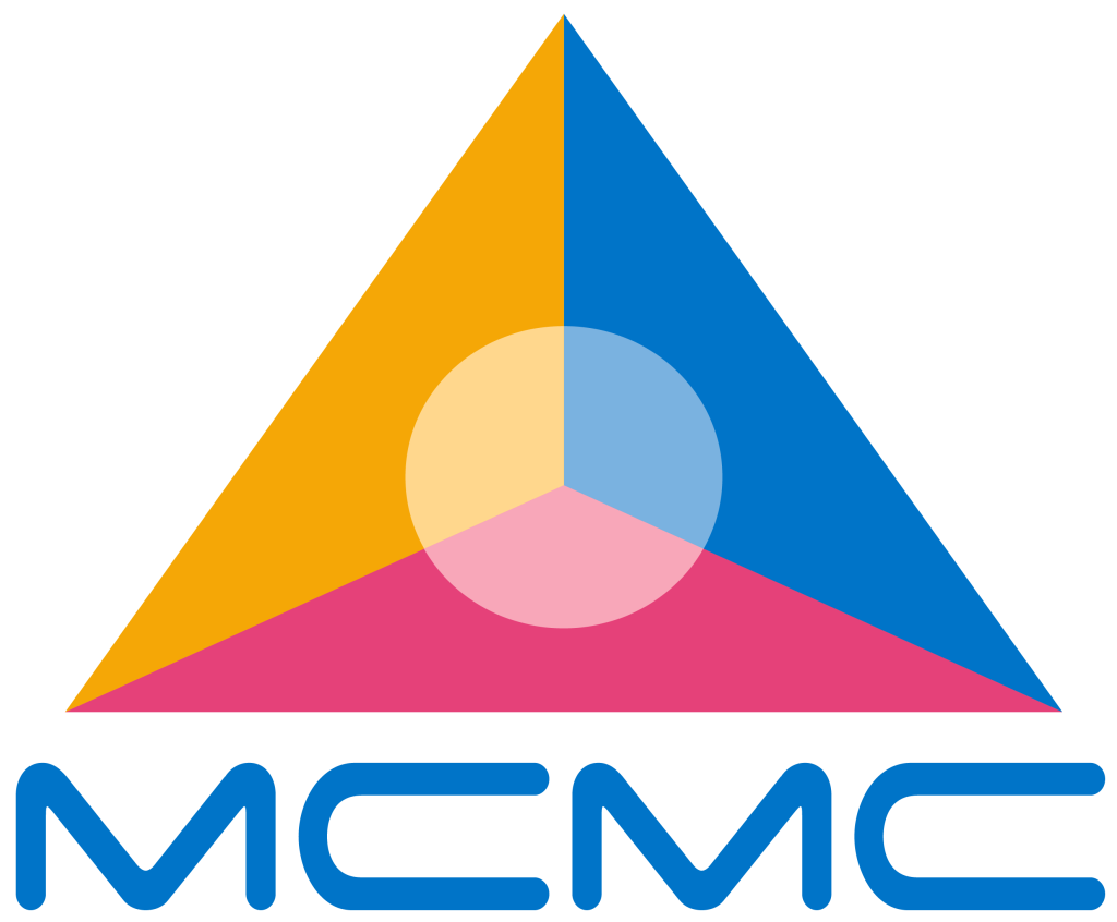 Logo of MCMC featuring a triangular design divided into three sections: yellow on the left, blue on the right, and pink at the bottom. A transparent circle is centered on the triangle. Below the triangle, "MCMC" is written in bold blue letters.
