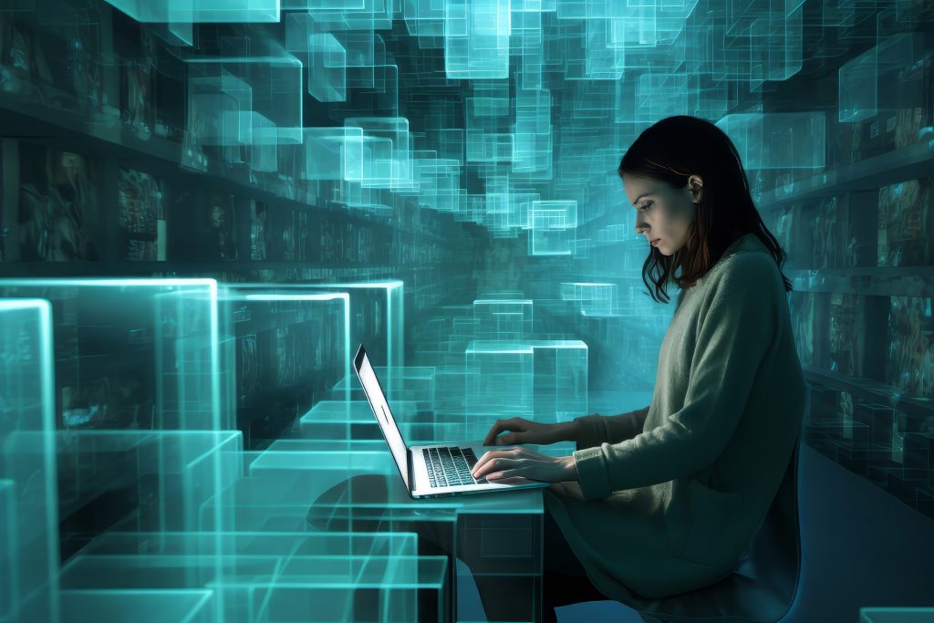 A young woman sits at a desk using a laptop, surrounded by glowing blue digital cubes and data streams, creating a futuristic, virtual environment. The scene suggests advanced technology, data analysis, or digital communication.