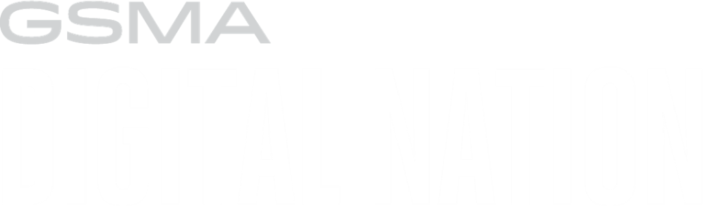 The image features the text “GSMA DIGITAL NATION.” "GSMA" is written in light gray, thin uppercase letters above “DIGITAL NATION,” which is in larger, bold, white uppercase letters on a black background.
