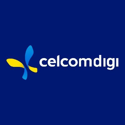 The image shows the CelcomDigi logo on a dark blue background. The logo features two abstract shapes, one yellow and one blue, resembling petals or wings, to the left of the white text “celcomdigi” in lowercase letters.