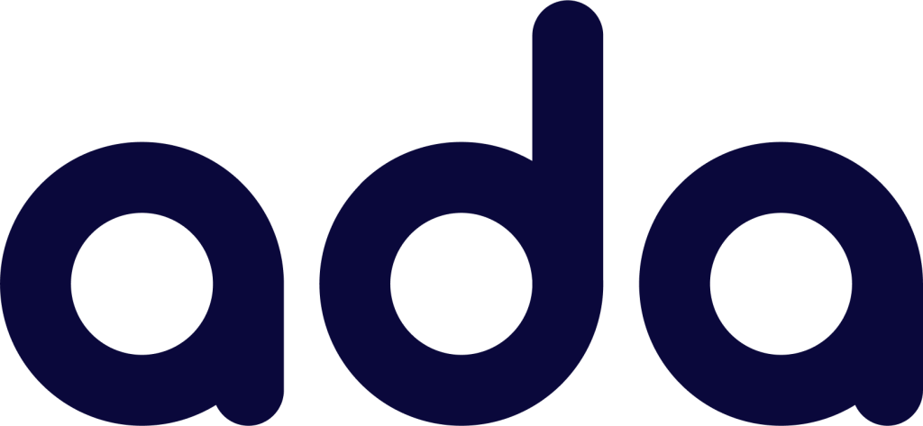 The image shows the word "ada" in all lowercase, bold, rounded letters with a dark blue color on a light gray background. The design is minimalistic and modern, with the “d” extending upward above the other letters.