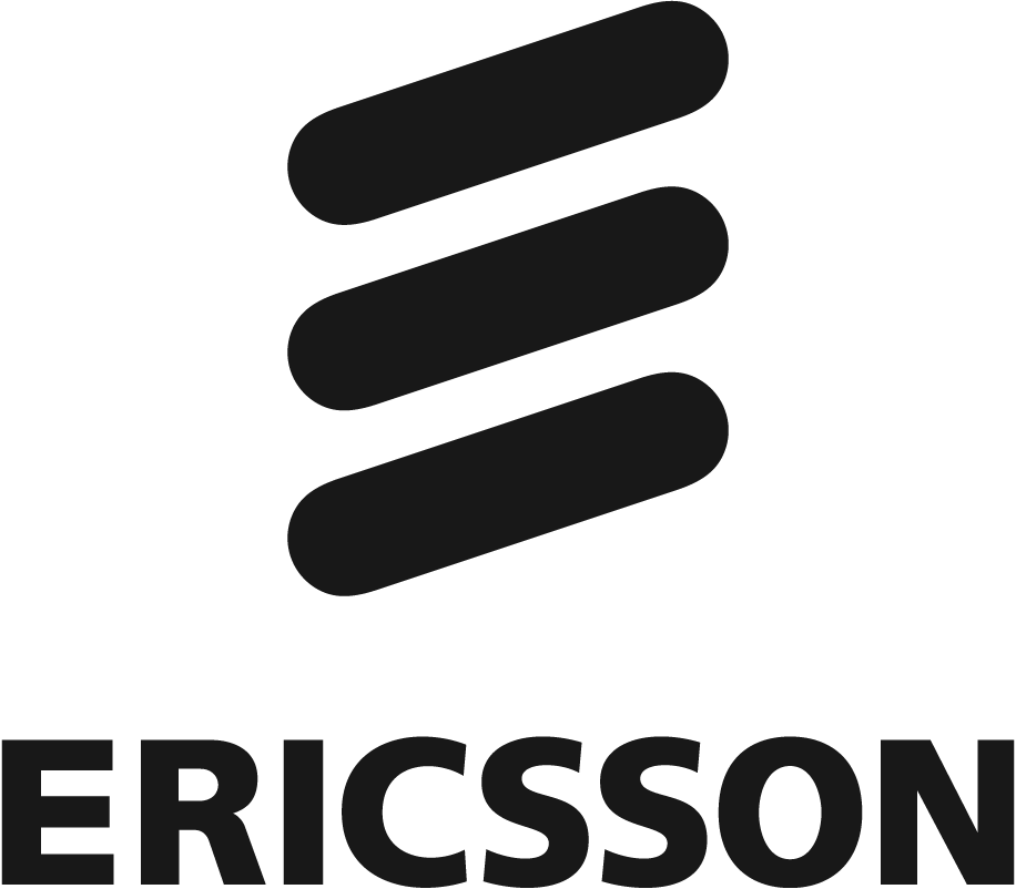 The image shows the Ericsson logo: three thick, black diagonal bars stacked above the bold, capitalized text "ERICSSON" in black on a light background. The bars appear slightly rounded at the ends, representing the company's visual identity.