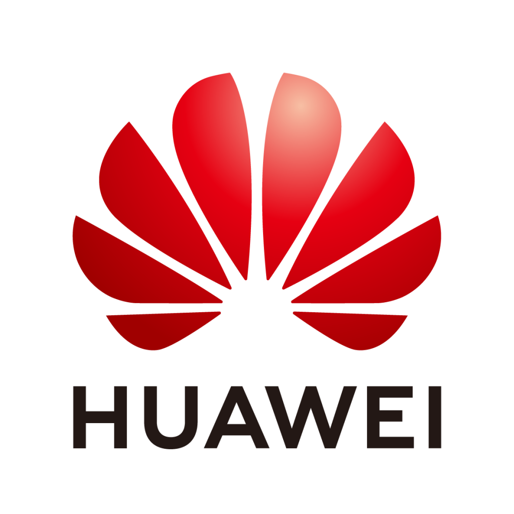 The image shows the Huawei logo: a red stylized flower or fan with eight symmetrical petals above the word "HUAWEI" in bold, black, uppercase letters on a white background.