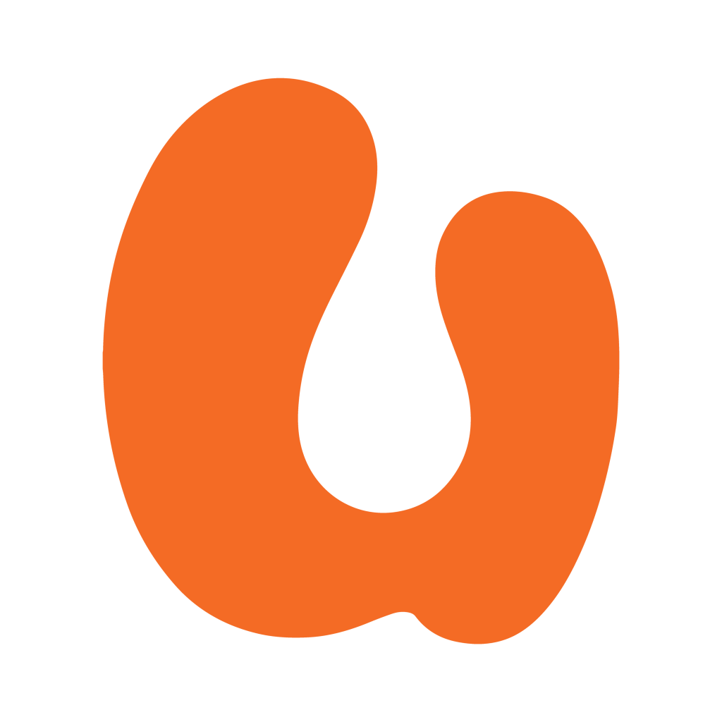 A bold, abstract orange shape resembling a rounded, asymmetrical "U" or horseshoe, set against a plain white background. The edges are smooth and organic, with varying thickness throughout the form.