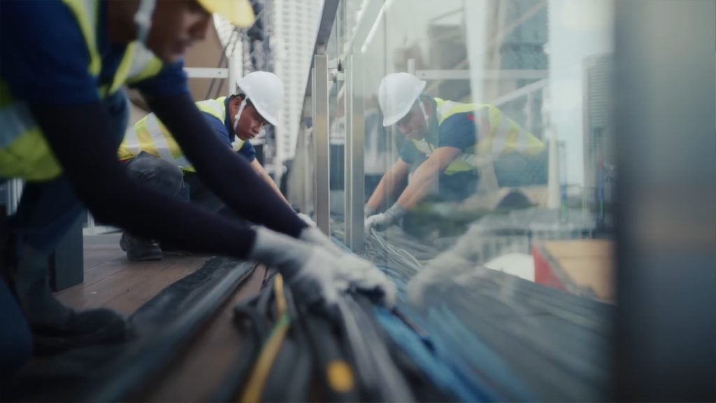 Two construction workers in safety vests and helmets crouch on a balcony, organizing bundles of cables along the floor beside a glass railing. Their reflections are visible in the glass, and the city skyline is blurred in the background.