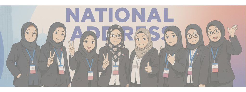 A group of eight women in hijabs and business suits stand together smiling. Most make peace signs, one gives a thumbs up, and another waves. They wear name tags and stand before a sign that reads "NATIONAL ADDRESS" on a gradient background.