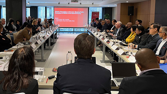A large group of people sit around a long, U-shaped conference table in a modern meeting room. They face a red presentation screen displaying a talk about public perceptions of BRICS. Name placards, microphones, and notebooks are visible on the tables.
