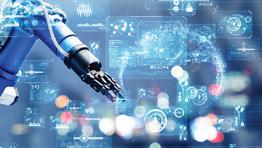 A robotic arm extends forward amid floating digital screens with data graphs, blue futuristic interfaces, and glowing network connections, representing advanced technology, automation, and artificial intelligence in a modern, high-tech environment.