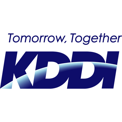 Blue "KDDI" logo with a swoosh and the phrase "Tomorrow, Together" above it on a white background.