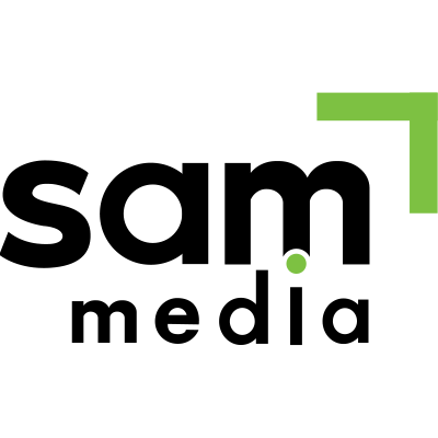Sam Media logo with bold black text and a green right-angle shape above the letter 'm'.