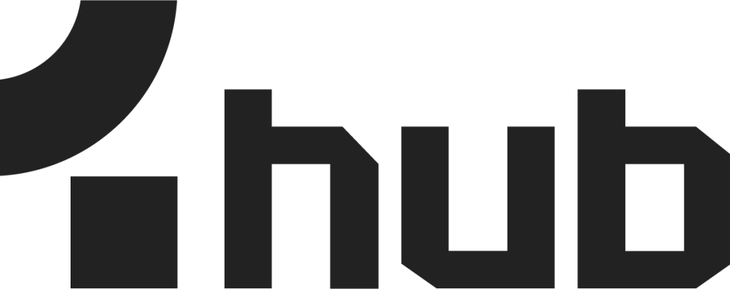 Black geometric text reads ".hub" with a partial circle above the dot on a light background.