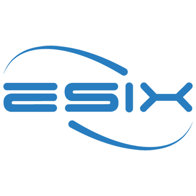 Blue stylized text logo spelling "ESIX" with curved lines above and below on a light background.