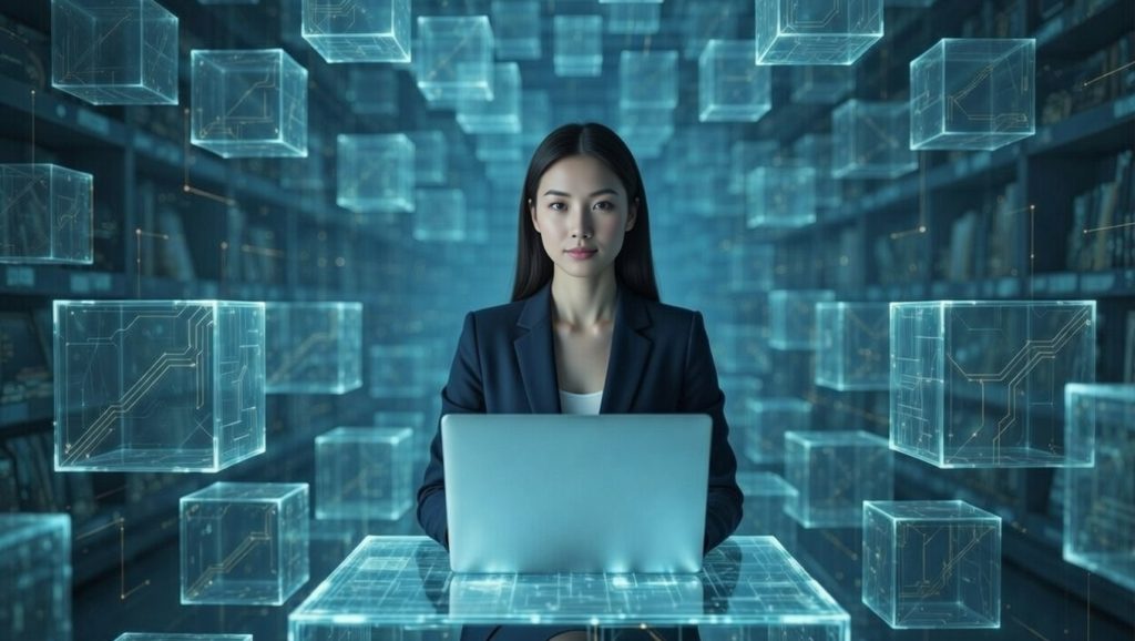 Woman working on laptop, surrounded by floating digital cubes in a high-tech, futuristic environment.