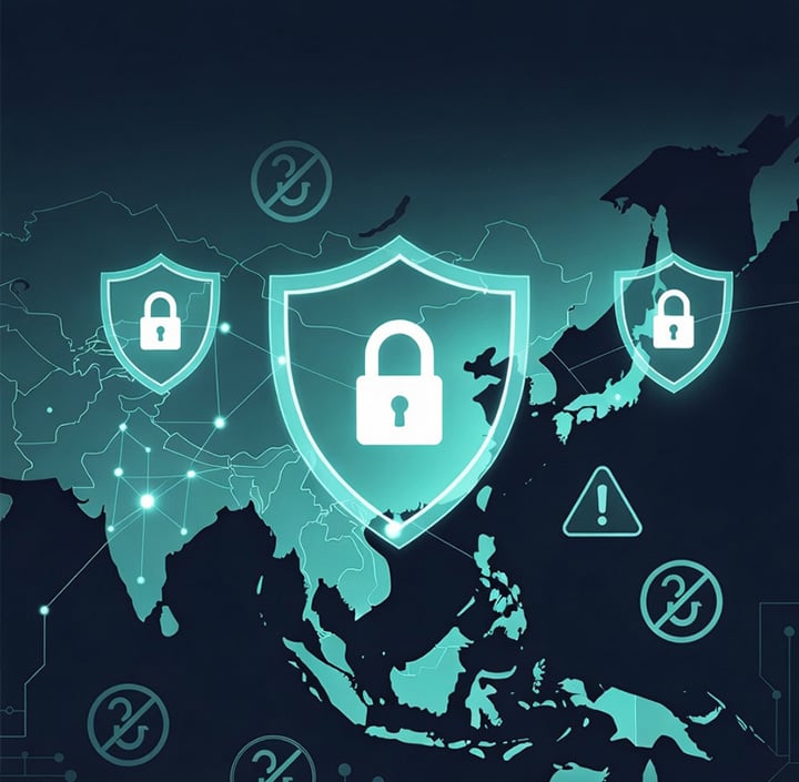 Digital padlock icons over a map of the Asia Pacific region, symbolizing cybersecurity and data protection.