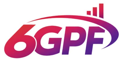 Logo with the text "6GPF" in bold, gradient colors shifting from red to purple. A curved swoosh arcs over the text, ending in three rising bars resembling a signal or network icon, indicating connectivity or technology.