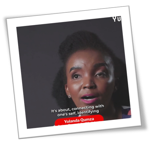 A woman speaking with text: "It's about, connecting with one's self, identifying - Yolanda Qumza.