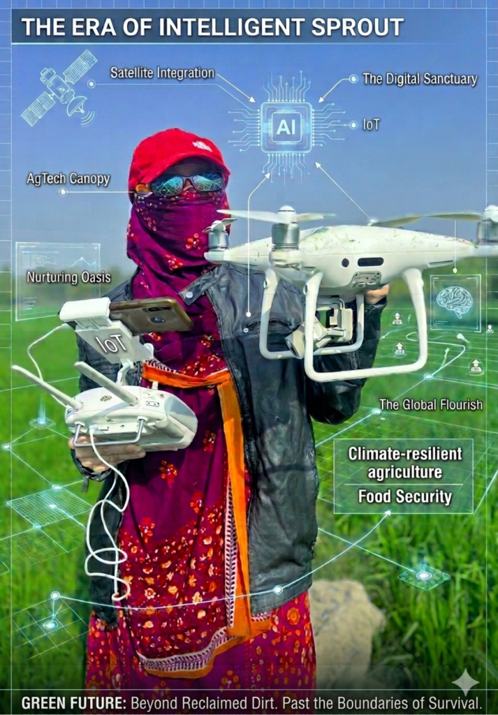 A person in a red patterned headscarf and sunglasses holds a white drone and controller in a field. Tech terms like "AI," "IoT," "Climate-resilient agriculture," and "Food Security" are overlaid, highlighting smart farming innovation.