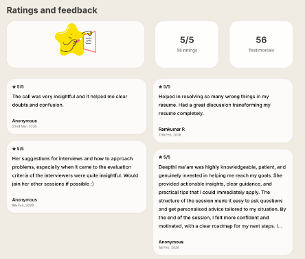 A beige background shows a "Ratings and feedback" header with a smiling star illustration. Below, five reviews praise insightful advice and resume help, with consistent 5/5 ratings. At top right, stats show "5/5 ratings" and "56 testimonials" in bold text.