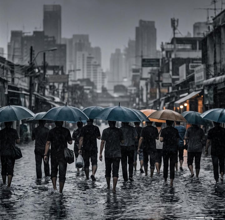 A group of people walks through a flooded city street under umbrellas on a rainy day in the Asia Pacific region. Most umbrellas are dark, but one is tan. The background shows tall buildings and shops, all blurred by rain, creating a moody and somber urban atmosphere.