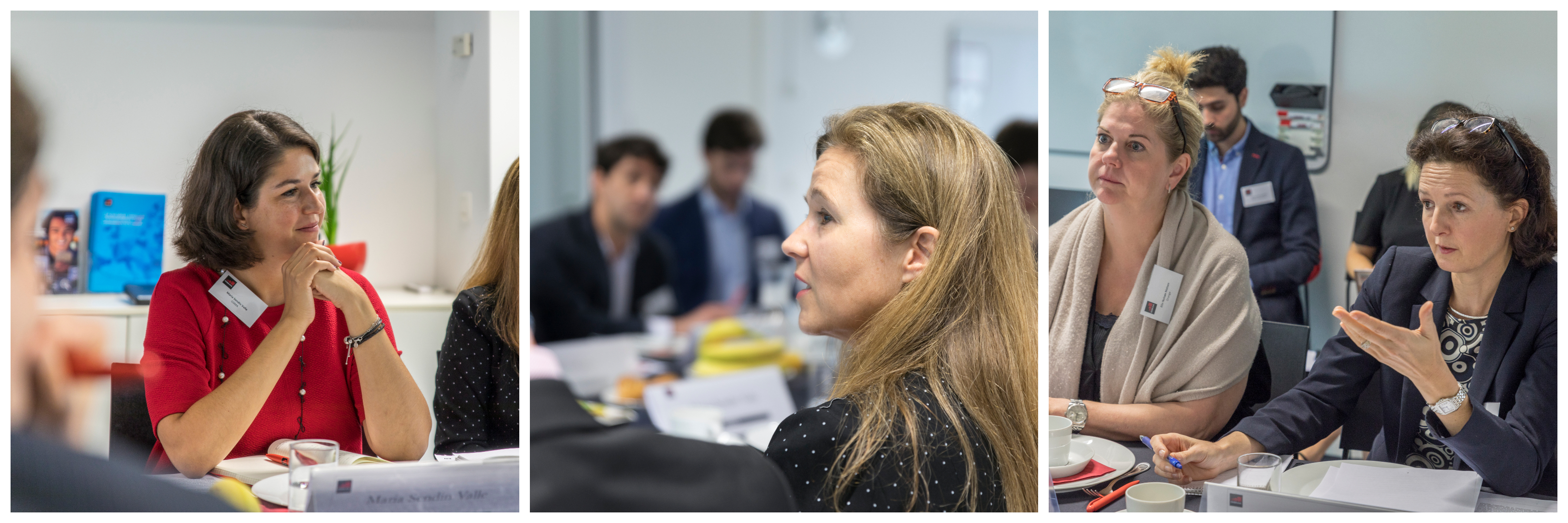A collage of three photos shows people sitting around a conference table, listening and discussing. They appear focused and engaged, with papers, name tags, and coffee cups on the table. The setting is a bright, modern meeting room.