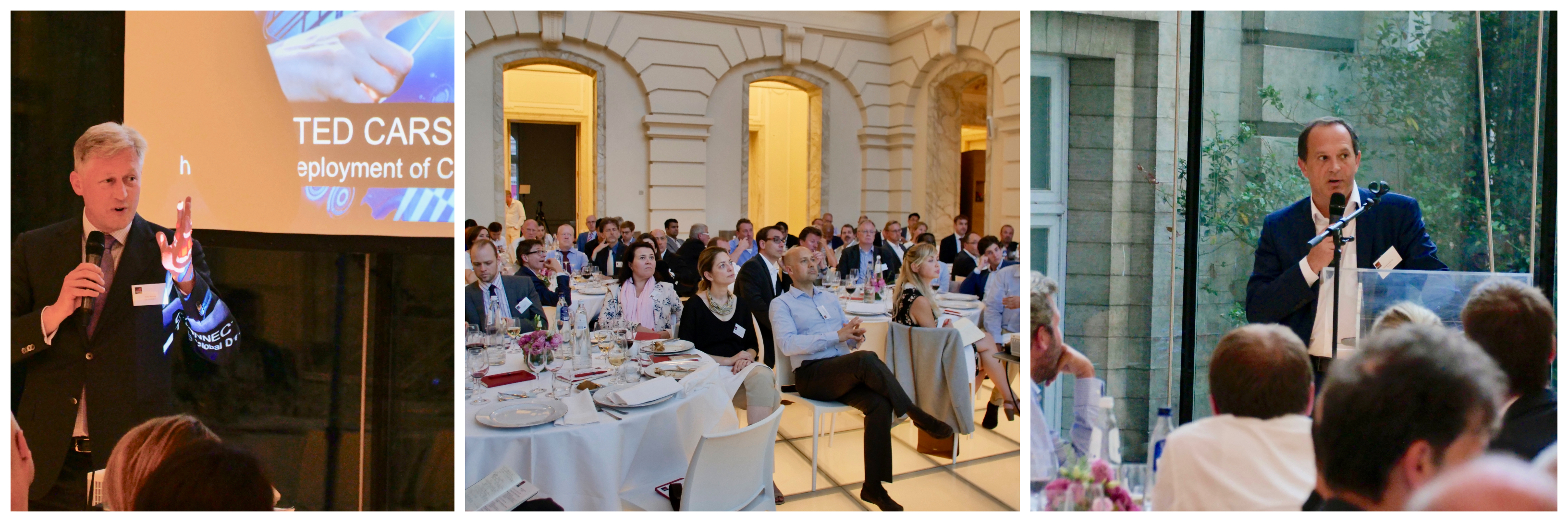 A three-panel collage shows: left, a man in a suit speaking on stage with a microphone and slide presentation; center, a large group of formally dressed people seated at round tables in a bright, elegant hall; right, another man in a suit speaking at a podium.