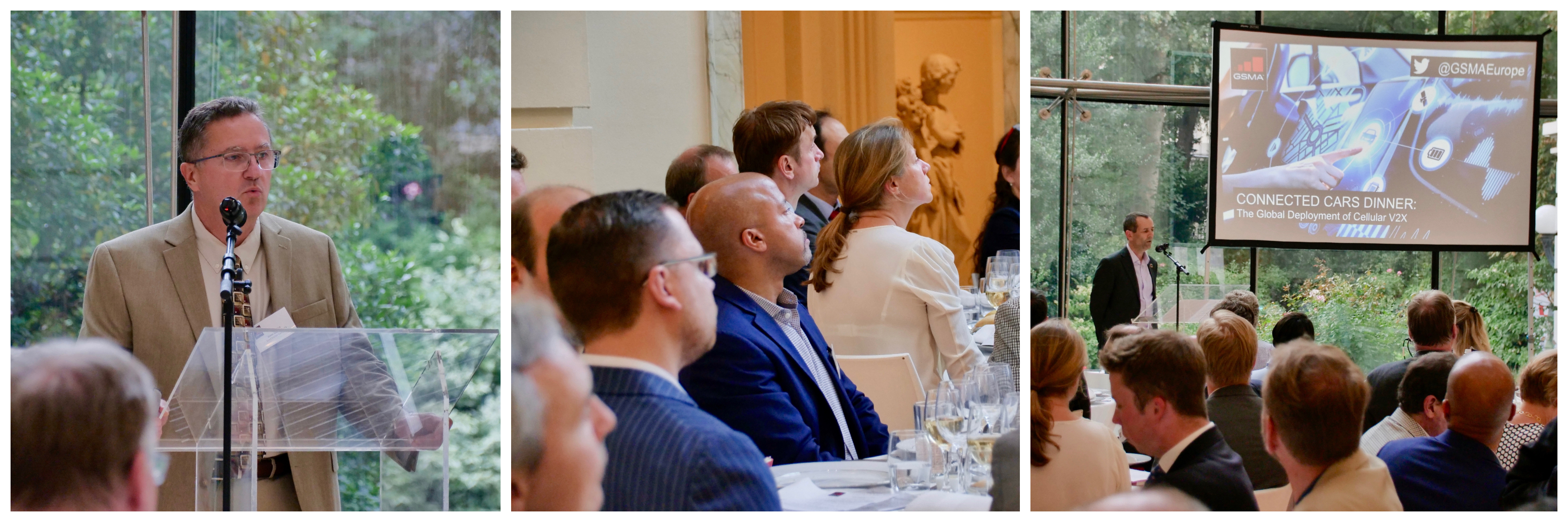 A three-panel collage shows: left, a man in a tan jacket speaks at a clear podium; center, an audience in formal attire sits at tables; right, the audience listens to a speaker with a "CONNECTED CARS DINNER" presentation screen behind him.