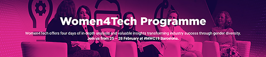 A panel of five women sits on stage in modern white chairs, engaging in discussion. The background is pink with tech-themed icons and text promoting the “Women4Tech Programme” at MWC19 Barcelona, highlighting gender diversity in technology.