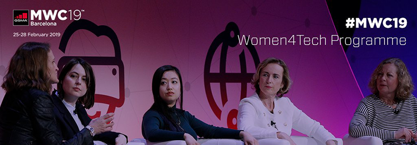 Five women sit on stage, engaging in a panel discussion at the Women4Tech Programme during MWC19 in Barcelona. The stage backdrop shows tech-themed graphics and event details. The lighting casts a purple and pink hue across the scene.