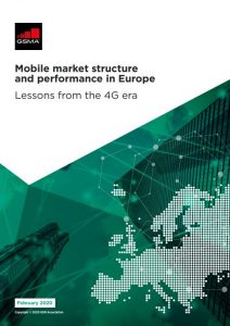 Report cover for "Mobile market structure and performance in Europe." Shows GSMA logo, white title text, and subtitle "Lessons from the 4G era." Bottom features a teal map of Europe overlaid with digital, abstract city graphics. Dated February 2020.