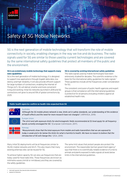 A fact sheet titled "Safety of 5G Mobile Networks" with GSMA branding. It explains 5G technology, safety guidelines, and expert opinions. There are three main sections with text and a photo of a cityscape with blue light trails representing wireless signals.