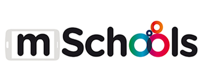 The image shows the "mSchools" logo. The "m" is inside a smartphone outline, and the word "Schools" is in black text. The letters "o" in "Schools" are colorful rings overlapping in blue, green, red, and orange.