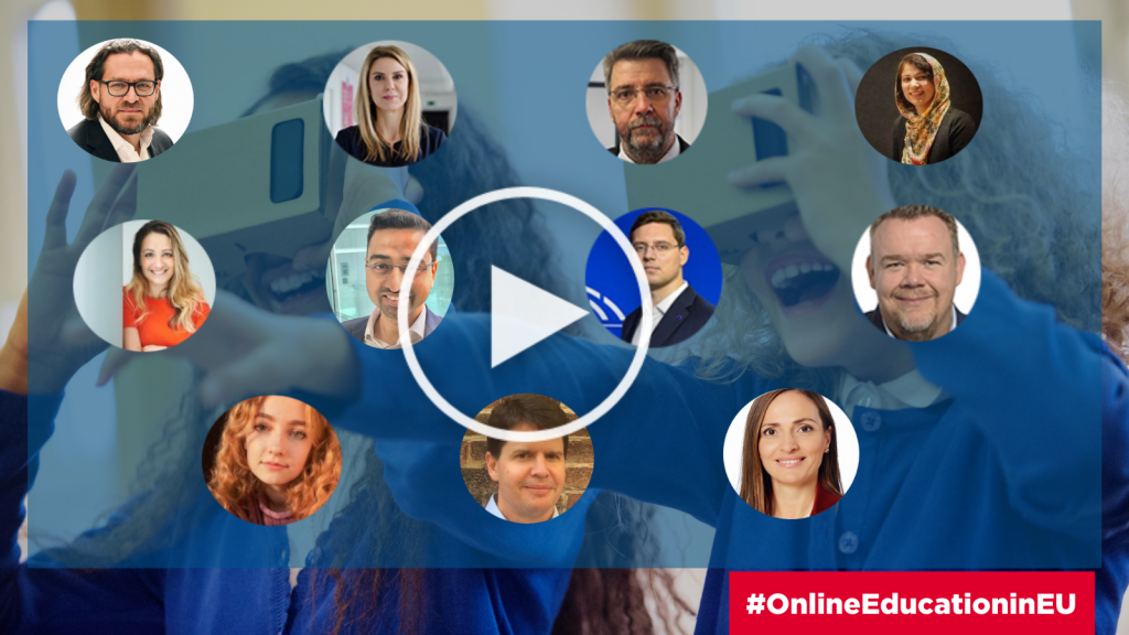 A play button overlays two girls using VR headsets. Ten circles with headshots of diverse adults are arranged around the button. A red banner at the bottom right reads "#OnlineEducationinEU" in white text.