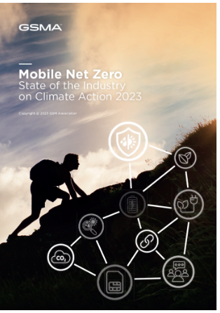 A person with a backpack climbs a grassy hill at sunset. Overlayed are white climate and technology icons connected by lines, symbolizing networks. Text reads: “Mobile Net Zero: State of the Industry on Climate Action 2023.”.