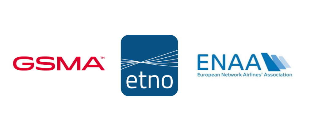 Three logos on a light background: GSMA in bold red text, ETNO in white text on a blue square with white lines above, and ENAA with three blue shapes above blue text reading “European Network Airlines’ Association.”.