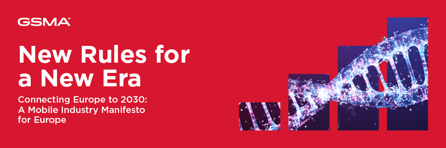 Red banner featuring "GSMA" logo. Text reads: "New Rules for a New Era - Connecting Europe to 2030: A Mobile Industry Manifesto for Europe." On the right, a DNA strand blends into bar graphs, suggesting technological evolution.