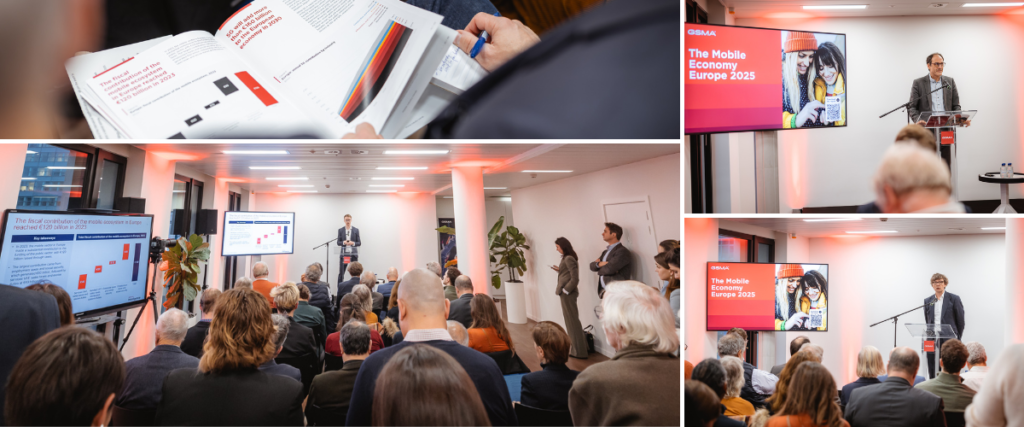 A collage shows a business event. Top-left: a person reads a report with graphs. Bottom-left: a presenter speaks to an audience, displaying slides with bar graphs. Right side: a speaker at a podium near a screen titled "The Mobile Economy Europe 2025." Audience members listen attentively.