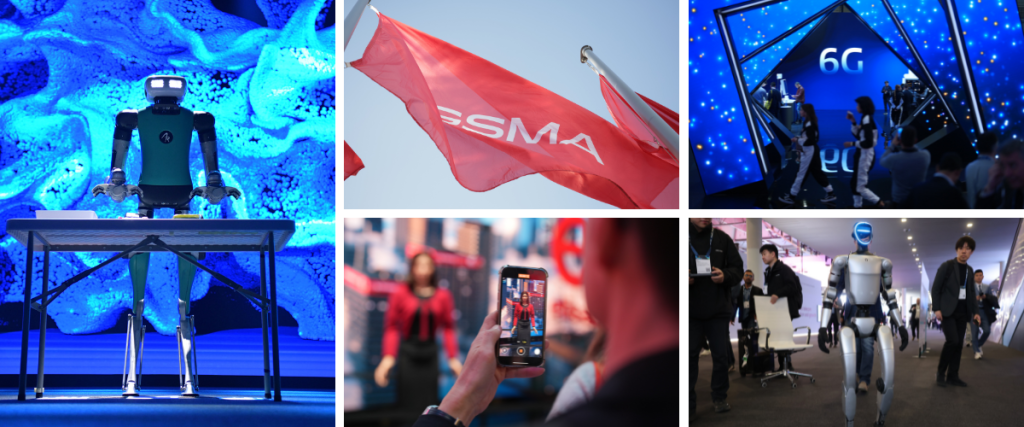 Collage of technology scenes: a robot on stage with blue lights, red GSMA flags flying, people near a 6G display with blue and white lights, a person taking a photo with a phone, and a humanoid robot walking in an expo hall.