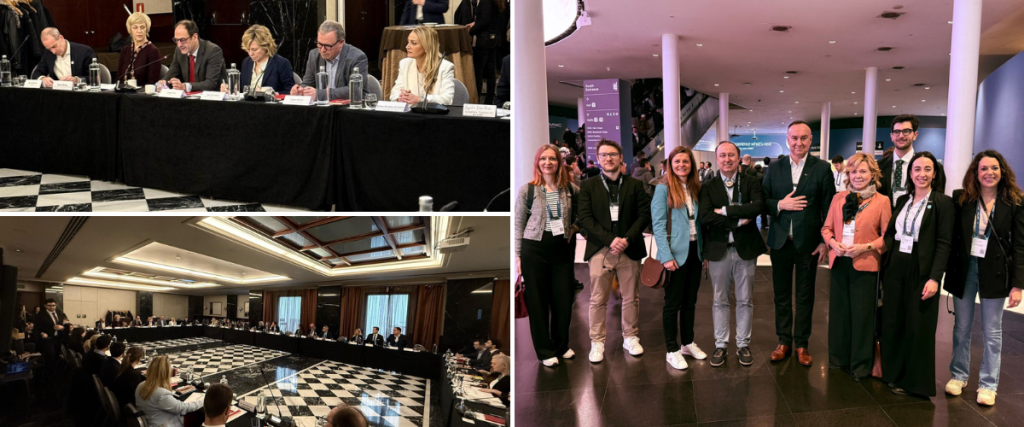 Split image showing two scenes. Left: A panel of six people seated behind a table with microphones, facing an audience in a conference room. Right: Nine individuals standing and smiling for a group photo in a spacious, modern lobby with black flooring and white pillars.