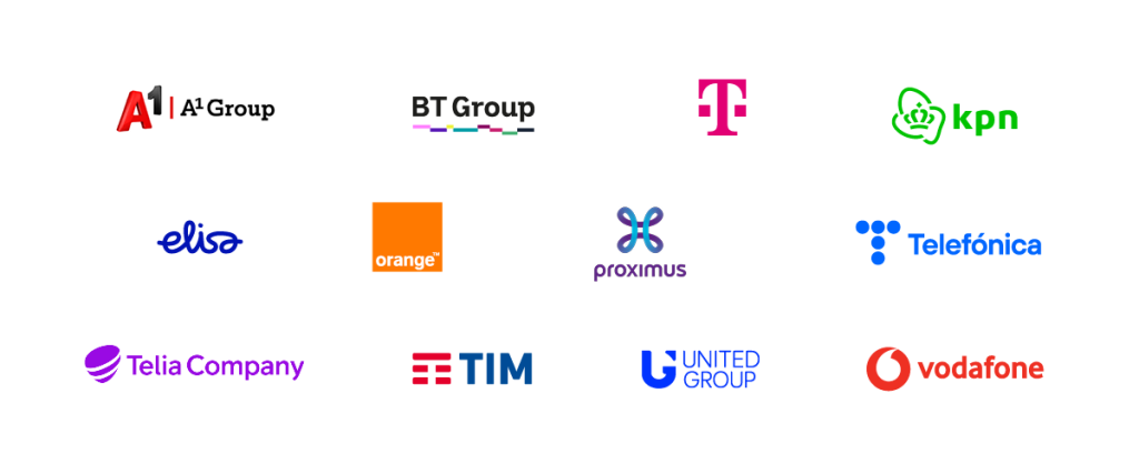 A grid displaying logos of twelve telecom companies: A1 Group, BT Group, Deutsche Telekom, KPN, Elisa, Orange, Proximus, Telefónica, Telia Company, TIM, United Group, and Vodafone, each in their brand colors on a white background.