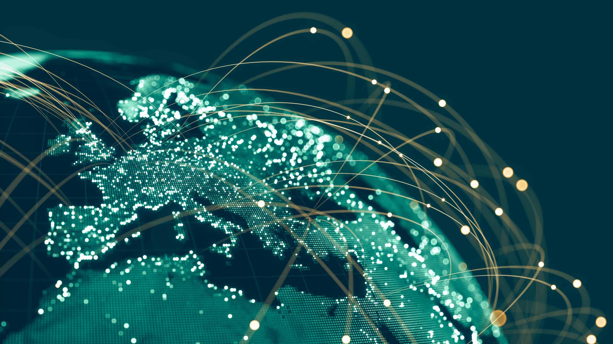 Digital globe with glowing data points and connecting lines, symbolising global communication and networks.