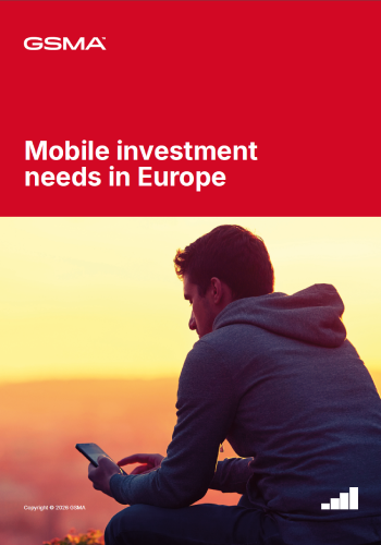 A man in a hoodie sits outdoors at sunset, using a mobile phone. The background has a yellow-orange gradient sky. At the top, a red banner displays the GSMA logo and the text “Mobile investment needs in Europe” in bold white letters.