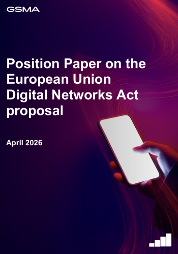 A person’s hand holds a mobile phone glowing white against a purple and red gradient background. White text reads: “Position Paper on the European Union Digital Networks Act proposal, April 2026.” The GSMA logo is at the top left. Four vertical bars are at the bottom right.