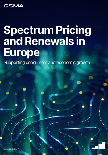 A report cover with the title "Spectrum Pricing and Renewals in Europe: Supporting consumers and economic growth" by GSMA. The background features abstract blue and green digital waves with small glowing dots, conveying a technological theme.