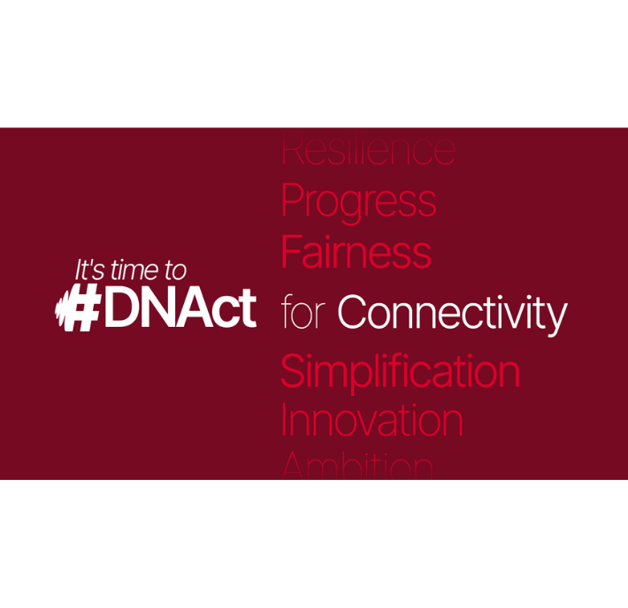 White text on a red background reads “It’s time to #DNAct” and “Connectivity.” Additional words in lighter red include: Resilience, Progress, Fairness, Simplification, Innovation, and Ambition. The design focuses on bold words relating to digital progress.