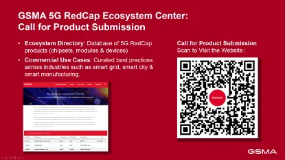 Red background with text about the GSMA 5G RedCap Ecosystem Center. Includes a call for product submissions and details on the RedCap Directory and commercial use cases like smart grids. A large QR code on the right and a screenshot of a website on the left are also present.
