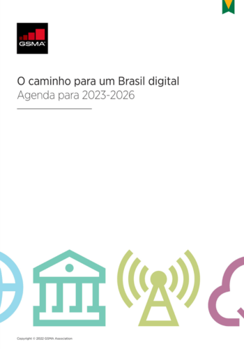 Cover of a document titled "O caminho para um Brasil digital: Agenda para 2023-2026" by GSMA. The bottom features icons of a globe, a building, a broadcast tower, and a cloud.