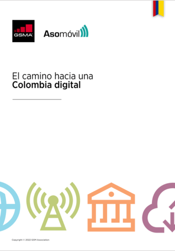 The image features logos of GSMA and Asomóvil at the top. Below them is the text "El camino hacia una Colombia digital." At the bottom, there are colorful icons representing a globe, a signal tower, a government building, and a cloud. A Colombian flag ribbon is seen in the top right corner.